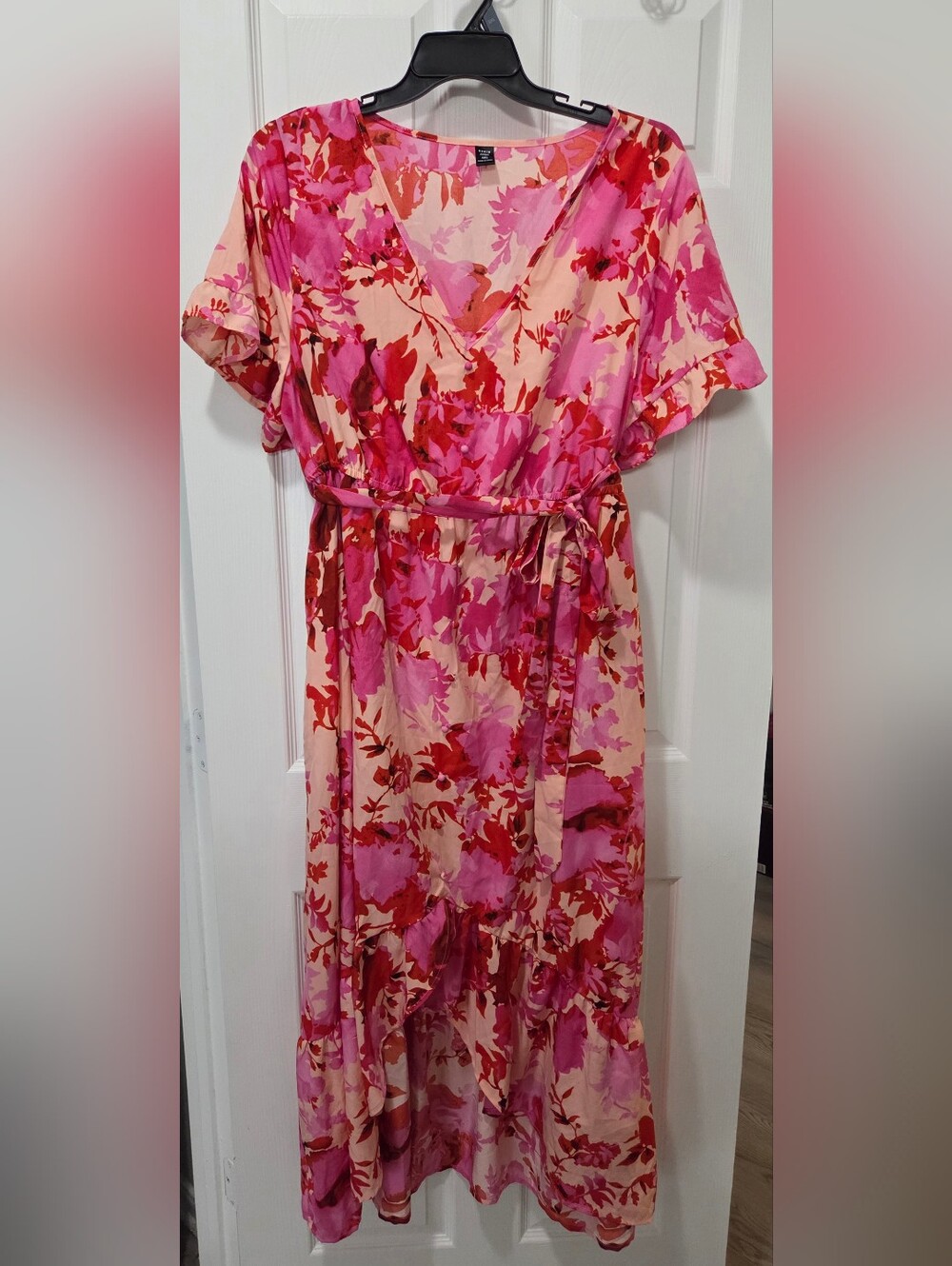 SHEIN Pink and Red Floral Belted Midi Dress